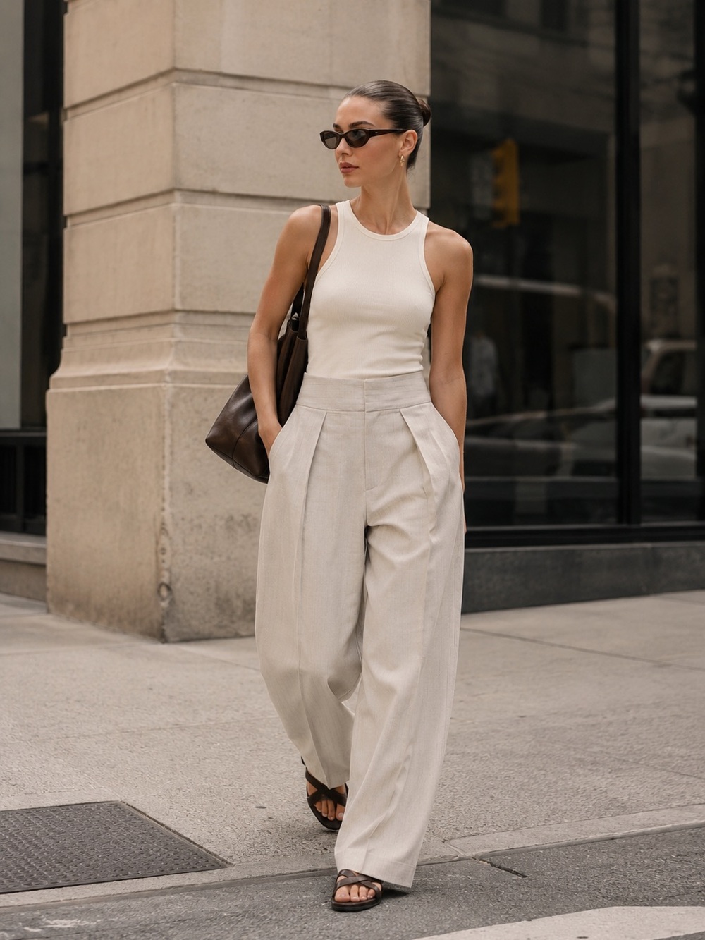 Zara Striped Barrel Leg Pants Gray Beige High Waist Pleated NWT Size M